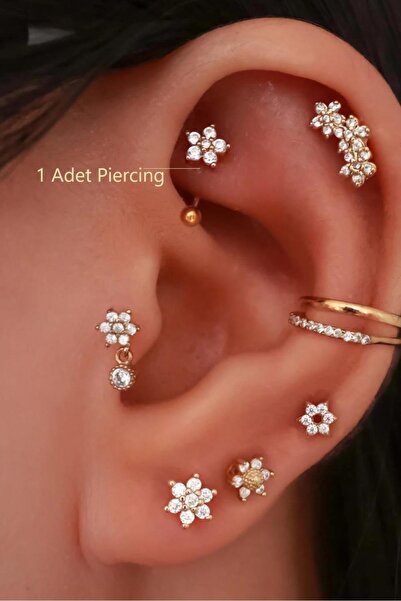 Sacce Scarves&Accessories Taşlı Çiçekli Çelik Rook Piercing Daith Helix Kaş Göbek Lob Uyumlu Piercing