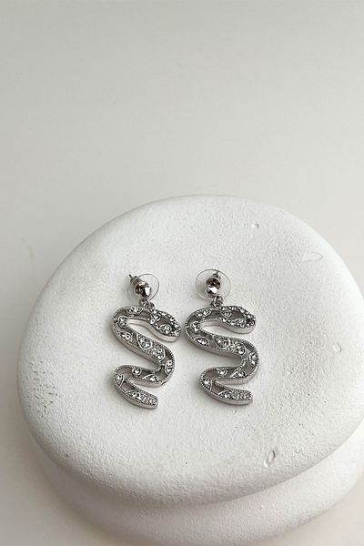 Modex Silver Color Snake Figure Earrings (4cm)