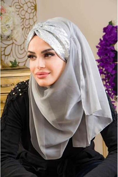 Aişe tesettür Silver French Chiffon Silvery Double Evening Dress Shawl