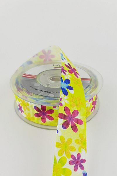 Hayalperest boncuk Κίτρινη Κορδέλα Grosgrain με σχέδιο Daisy 2,50 cm 20 Mt