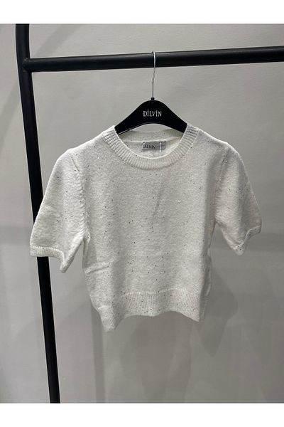 Dilvin 10703 Ecru Crew Neck Sequin Glitter Knitwear Sweater