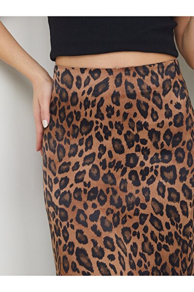 MÇmoda Kadın Leopar Saten Etek
