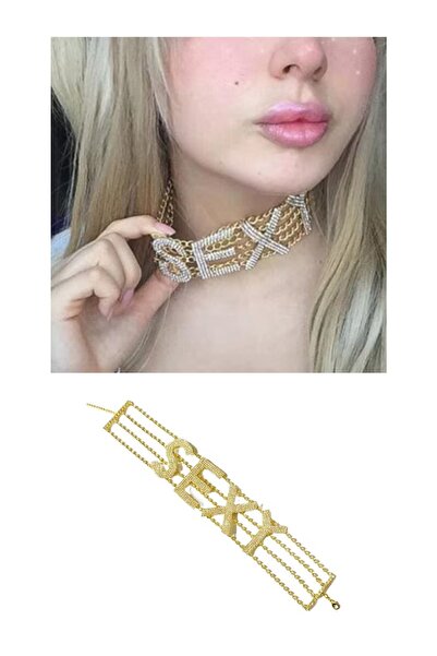 TAKIŞTIR Altın Renk Sexy Yazılı Taş Detaylı Tasarım Choker Kolye