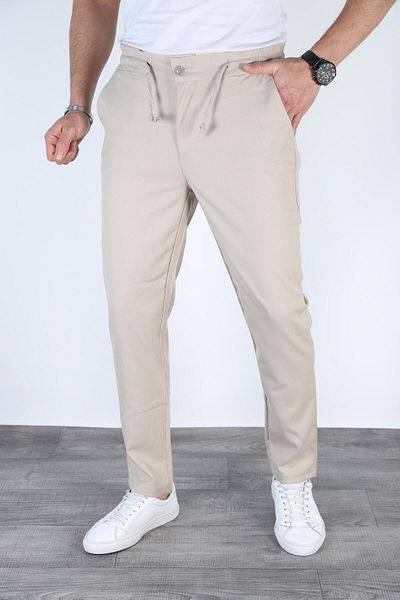Bürke Men's Cream Color Elastic Waist Lace-Up Quality Casual Winter Trousers