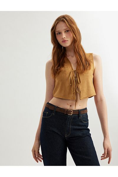 Koton V-Neck Faux Suede Crop Vest with Bow Tie Detail