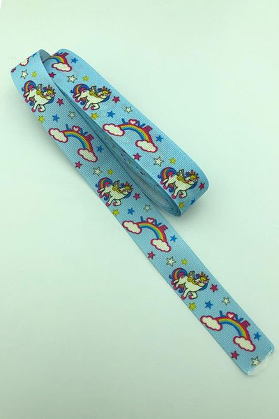 Hayalperest boncuk Blue Sky Rainbow Unicorn Τυπωμένη κορδέλα Grosgrain 10 Mt