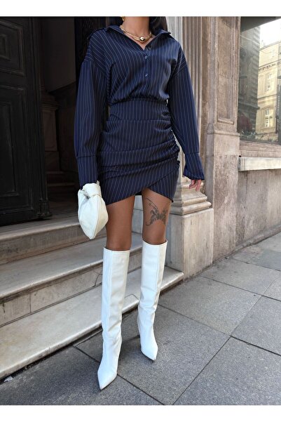 aytenli Смугаста подвійна міні-сукня з асиметричним кроєм і манжетами - з боків з розрізами, застібка на половину ґудзиків