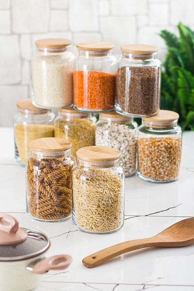 ARDA DİZAYN Set of 9 Bamboo Lid Glass Jar & Food Storage Container 800 ml Medium Size (Vacuum Lid)