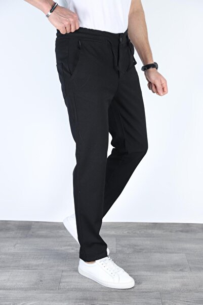 Bürke Men's Black Color Elastic Waist Lace-Up Quality Casual Winter Trousers