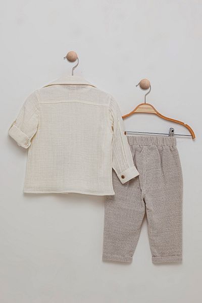 Bombili 3-Piece Baby Boy Set with Embroidered Muslin Shirt and Elastic Waist Pants