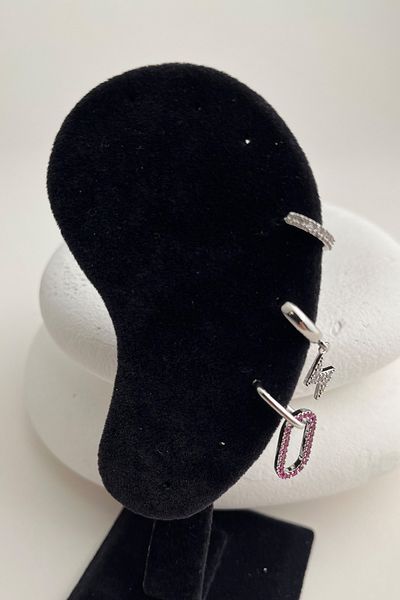 Modex Silver Color Lightning Figured Stoned Triple Earrings Set