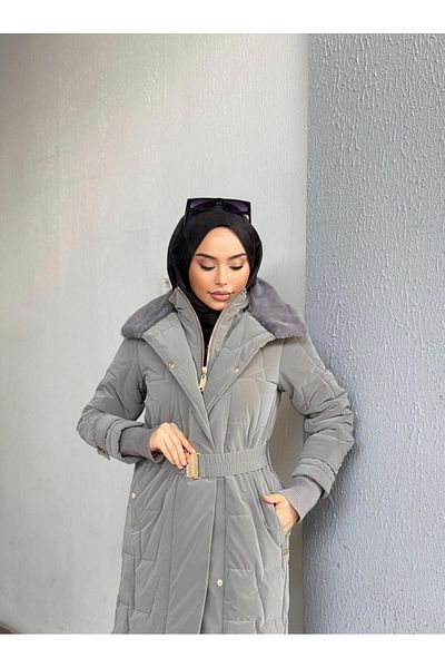 Minel Women's Gray Belted Puffer Coat 021