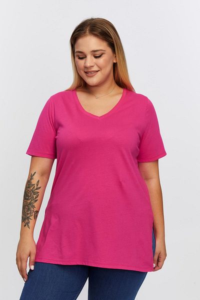 Seamoda Plus Size V-Neck Slit Cotton Basic Tshirt-Fuchia