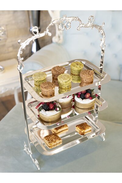 Bakır Concept GÜMÜŞ KAPLAMA TEPSİLİ SUNUMLUK 3 KATLI DİKDÖRTGEN MODEL