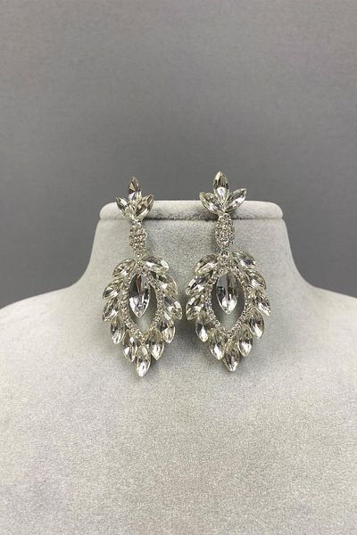 Hayalperest boncuk Leaf Patterned Stoned Silver Evening Dress Earrings - Duru Shuttle