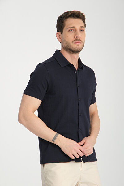 Frappoli Ανδρικό αθλητικό πουκάμισο Lucero Navy Blue 100% βαμβακερό που δεν συρόται Slim Fit με λεπτό γιακά πόλο