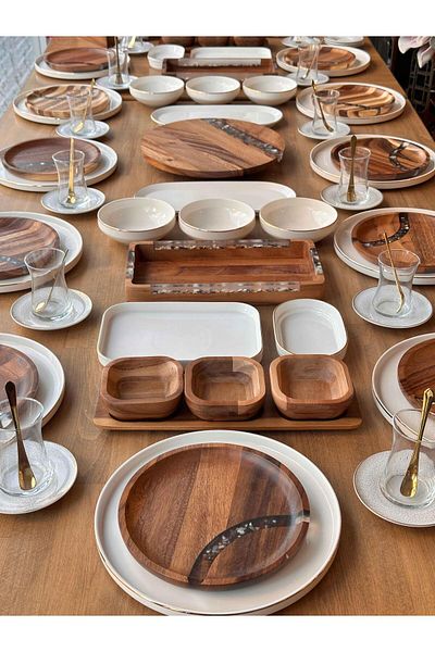 ROSSEV Modern Acacia Breakfast Set - 85 Pieces, 12 People