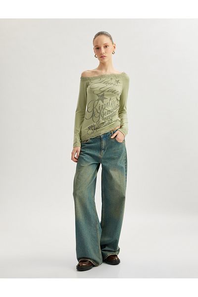 Koton Asymmetrical Neck Long Sleeve Off-The-Shoulder Printed Lace T-Shirt