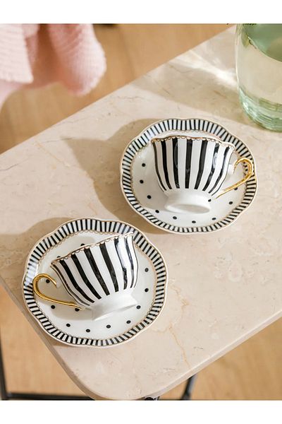 LC Waikiki Lcw Home Black Printed 2-Person Porcelain Coffee Cup Set