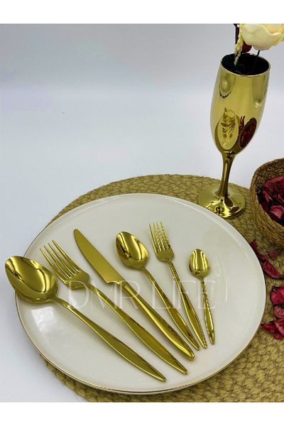 DMR LİFE Yakut Gold Titanium Fork Spoon Knife Set 72 Pieces for 12 18/10