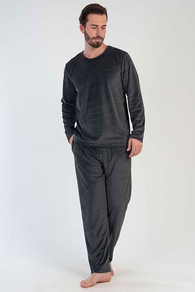 VİENETTA Men's Velvet Long Sleeve Pajama Set, 306005