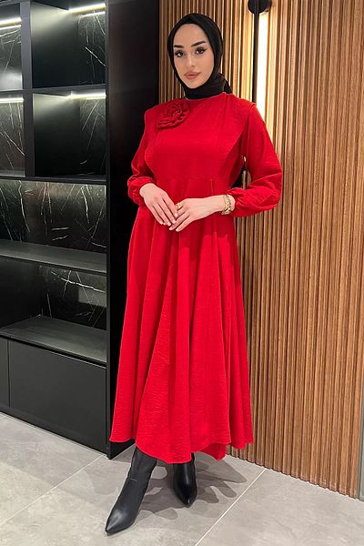 julude Red Rose Detailed Hijab Flared Dress
