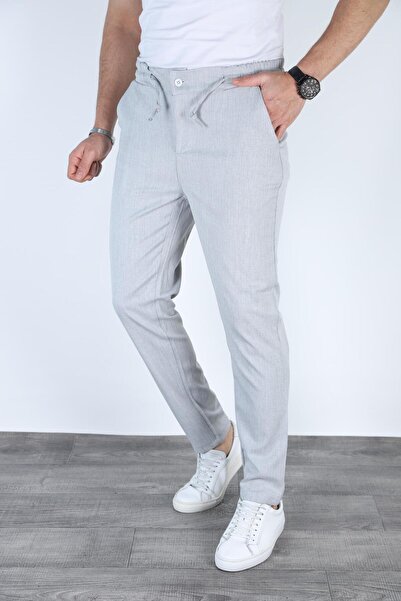 Bürke Men's Gray Color Elastic Waist Lace-Up Quality Casual Winter Trousers