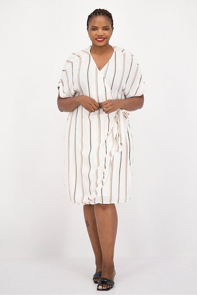 Jessica Simpson Women Plus Size Striped Wrap Dress, White Combo