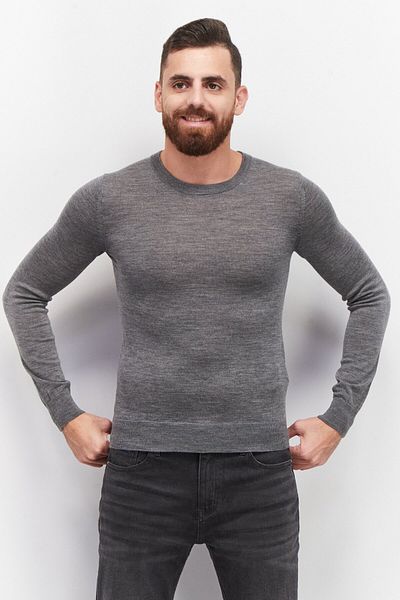 CELIO Men Crew Neck Plain Sweater, Gray