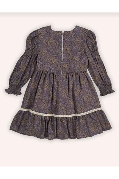 Hzmis Printed Long Sleeve Vintage Style Girl's Dress with Crew Neck