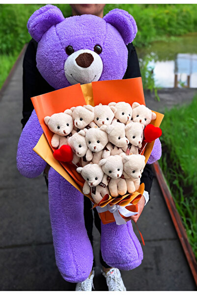 lenostra Sevgiliye 90cm Mor Ayıcık ve 12 Ayıcıklı Ayıcık Buketi Peluş Buket K...