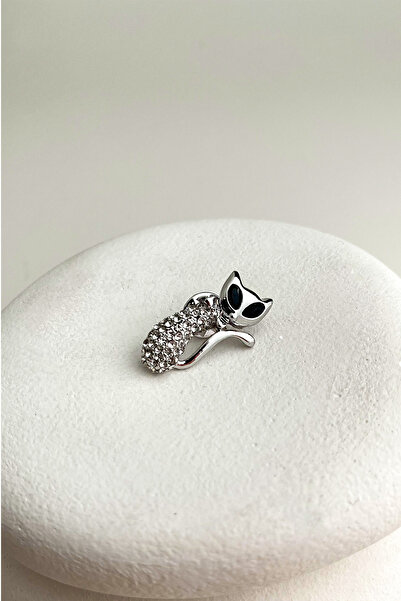 Modex Gümüş Rengi Taş Detaylı Kedi Yaka Broşu (3CM)