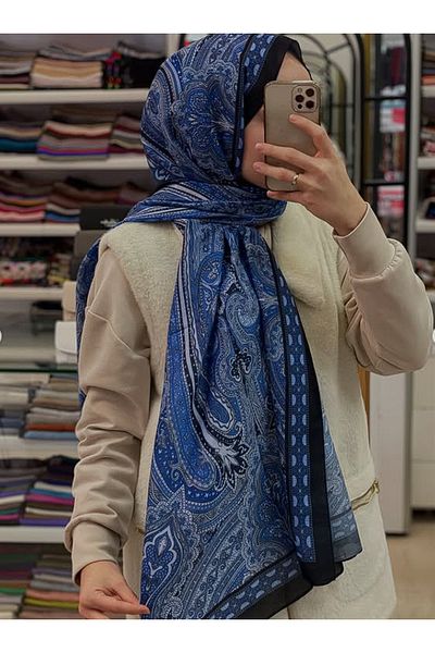 İpekseli Şal din bumbac cu model Etro - Albastru Negru Mătăsos