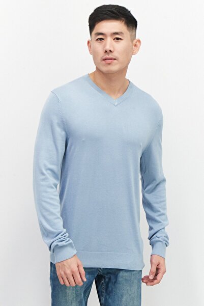 CELIO Men V Neck Long Sleeve Knitted Sweaters, Light Blue