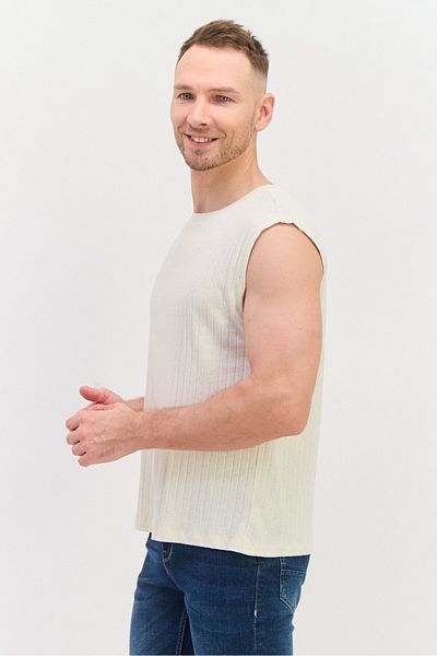 NAH/ Studio Men Round Neck Sleeveless Textured Vest, Cream
