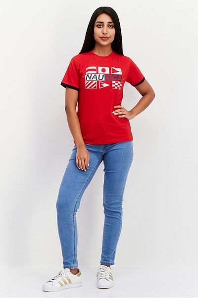 Nautica Women Round Neck Short Sleeves Brand Logo T-shirt, Red