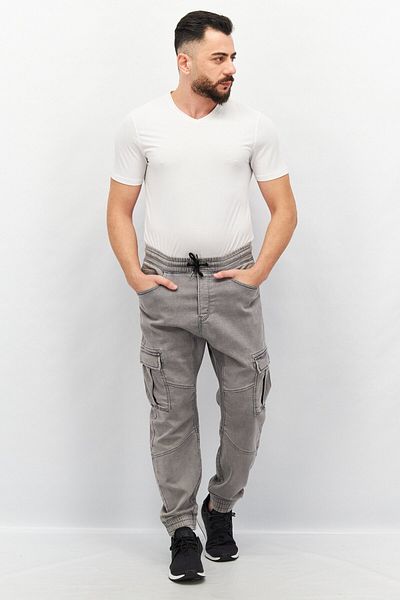 CELIO Men Regular Fit Washed Drawstring Denim Cargo Pants, Light Grey