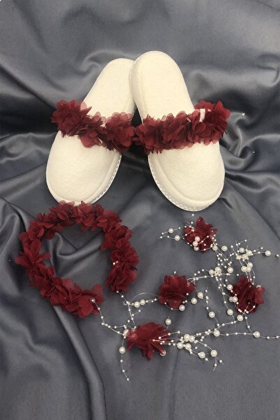 Hayalperest boncuk Bordo Çiçekli Lohusa Terligi ve İncili Taç