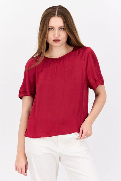 Scotch & Soda بلوزة نسائية سادة بأكمام قصيرة ورقبة دائرية، حمراء