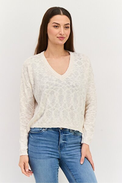 Hurley سترة نسائية ذات رقبة على شكل حرف V وأكمام طويلة، لون بيج