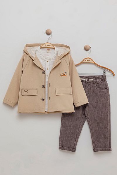 Bombili Muslin Blouse, Elastic Waist Pants and Hooded Coat for Boys - Set of 3