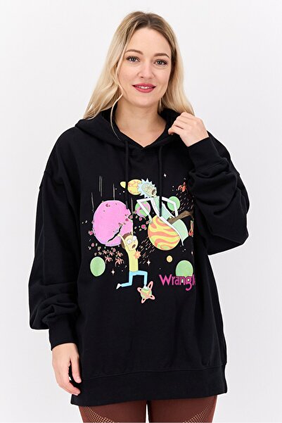 WRANGLER سويت شيرت نسائي بغطاء رأس وأكمام طويلة مطبوع عليه رسومات، أسود