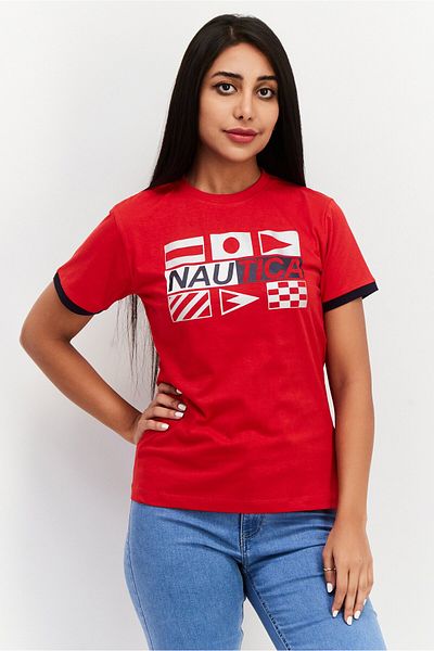 Nautica Women Round Neck Short Sleeves Brand Logo T-shirt, Red
