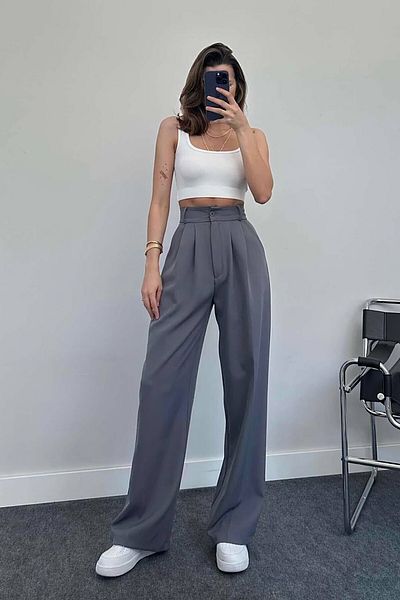 NEVEGE BUTİK Women's Anthracite High Waist Pleated Palazzo Pants