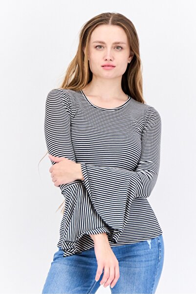 Brave Soul Women Round Neck Bell Sleeve Stripe Blouse, Black