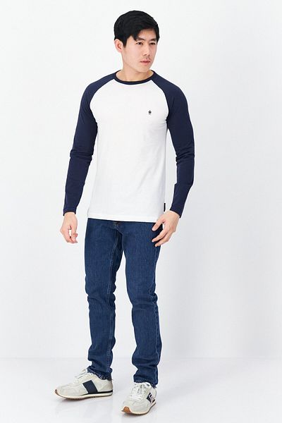 French Connection Men Crew Neck Long Sleeve Embroidered Logo T-shirt, White/navy