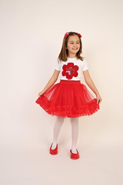 BLUEMOOR بدلة البابايا ذات الترتر الأحمر للفتيات وتنورة حمراء للمناسبات الخاص...