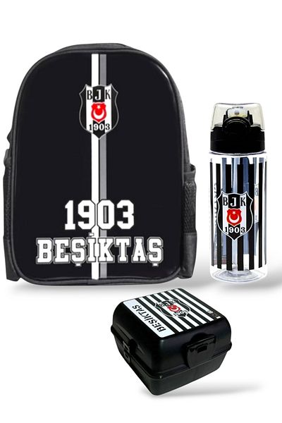 Beşiktaş Geantă de grădiniță cu licență, balon de apă de 500 ml și recipient pentru nutriție, set de 3 piese pentru școală cu bețișoare DDCQ 213091