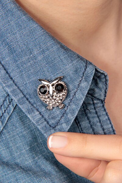 Rhodium Stone Detailed Owl Collar Brooch