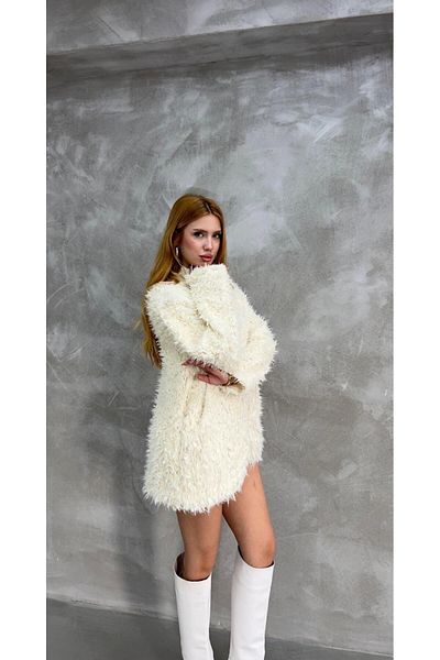 MEN Women's Ecru Zippered Plush Cardigan with Pockets